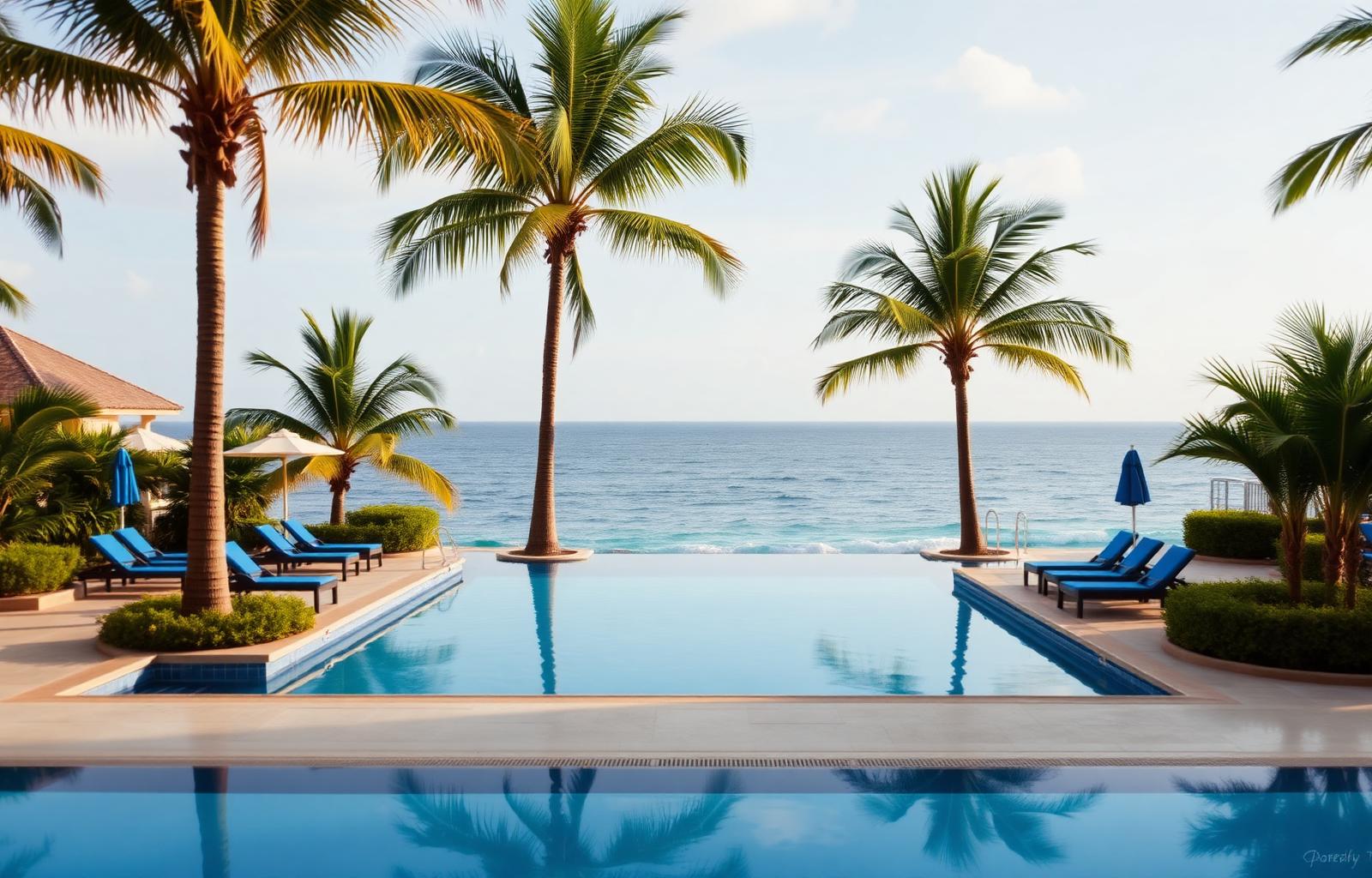 Oceanfront pool with palm trees